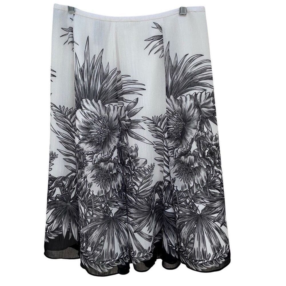Jones Wear Midi Skirt Women's Size 8 White Gray Floral A-line Semi-Sheer Lined
